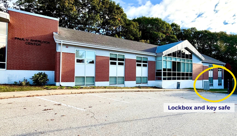 This shows the location of the lock boxes and key safe in reference to the Sherlock Center building.