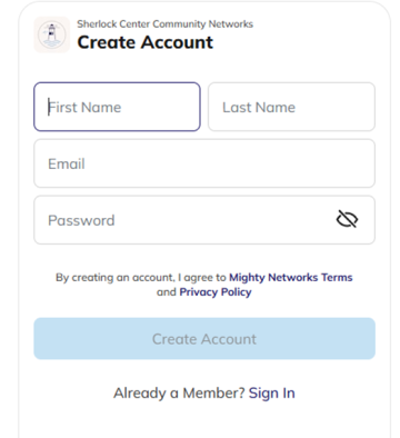 Screenshot of create account