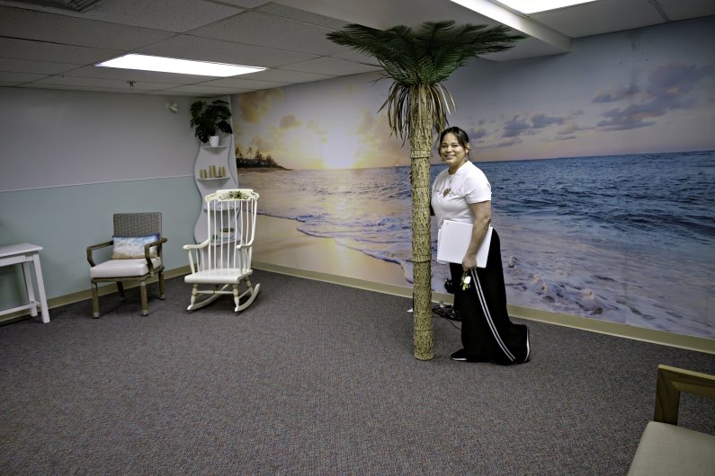 Valerie Gonzalez shows a beach-themed room for meditation and quiet reflection.