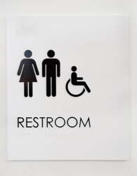 A sign indicating restrooms including an accessible option.