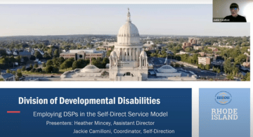 A slide that says Division of Developmental Disabilities and Employing DSPs in the self-service direct model 