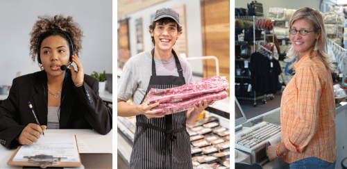 Three images of young people working: One is in an office/receptionist setting, one is stocking the meat case at a grocery store and one is a cashier at a store.