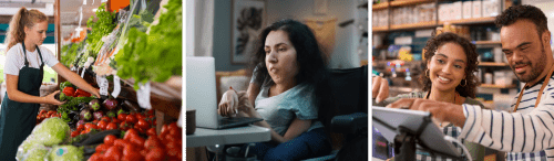 Three photos of a teen stocking produce, a person working on a laptop and a person helping another at a cafe register.