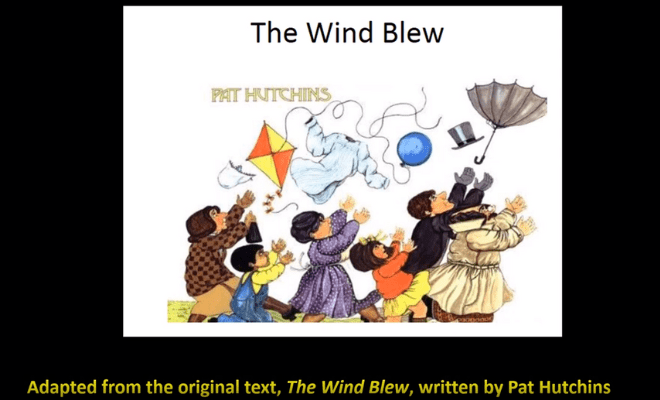 A screen shot of the multimedia adapted literature title "The Wind Blew" by Pat Hutchins. The cover art features a group of children and adults chasing after items such as a hat, umbrella, kite and balloon blowing away in the wind.