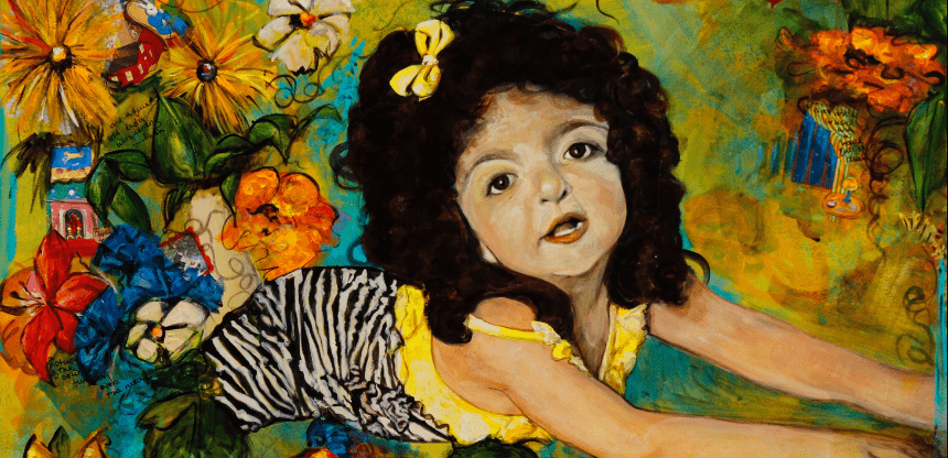 A colorful portrait of Giuliana, a young girl who has Apert Syndrome, by Vivian McNeeley.